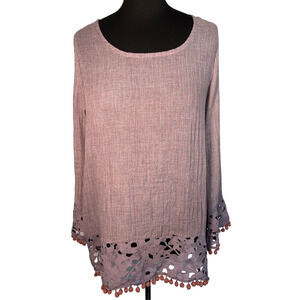 Retro Threads Purple Guazy Lace Trim Bell Sleeve Tunic, Size L